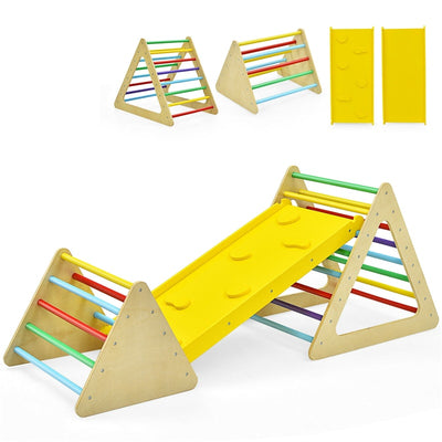 3-in-1 Kids Pikler Triangle Climber Toddler Wooden Climbing Triangle Set with Ladder & Slide for Boys Girls