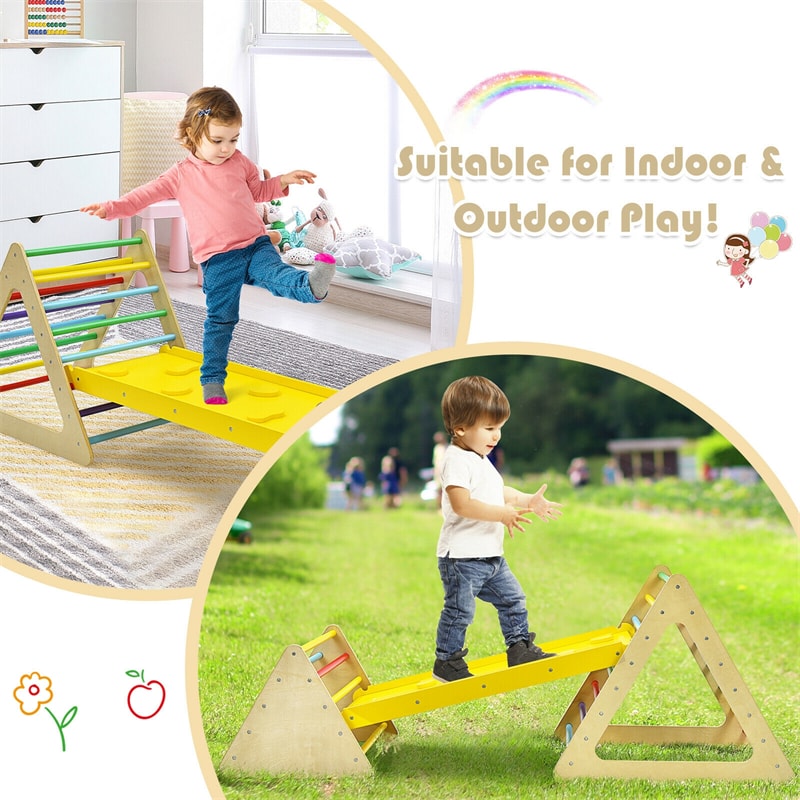 3-in-1 Kids Pikler Triangle Climber Toddler Wooden Climbing Triangle Set with Ladder & Slide for Boys Girls