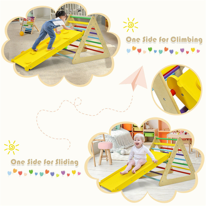 3-in-1 Kids Pikler Triangle Climber Toddler Wooden Climbing Triangle Set with Ladder & Slide for Boys Girls