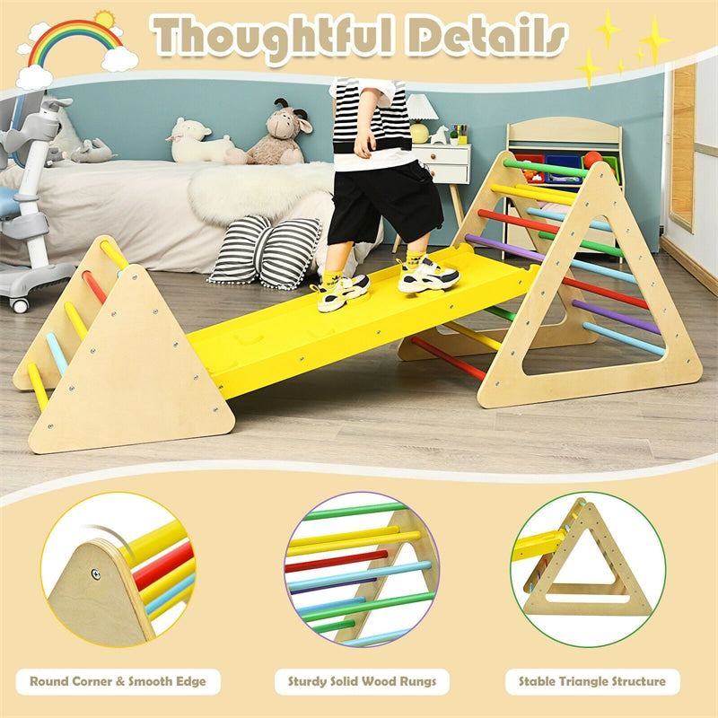 3-in-1 Kids Pikler Triangle Climber Toddler Wooden Climbing Triangle Set with Ladder & Slide for Boys Girls