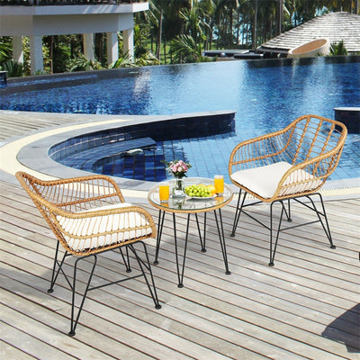 3 Piece Patio Rattan Bistro Set Wicker Conversation Set with Glass Coffee Table and Cushioned Armchairs