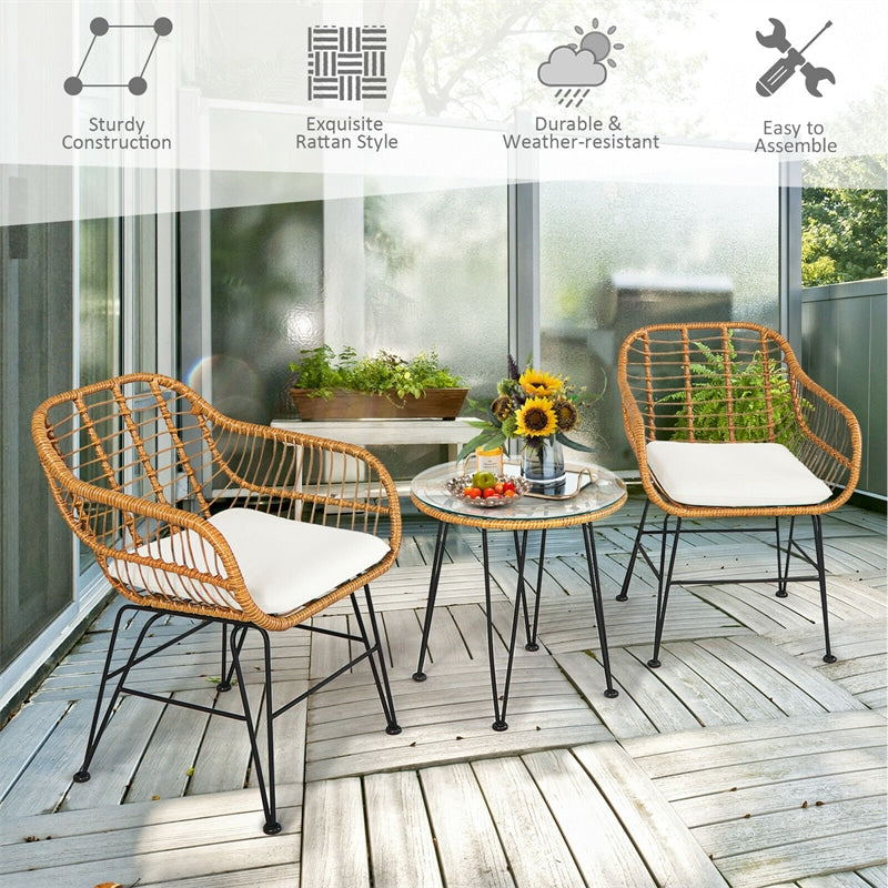 3 Piece Patio Rattan Bistro Set Wicker Conversation Set with Glass Coffee Table and Cushioned Armchairs