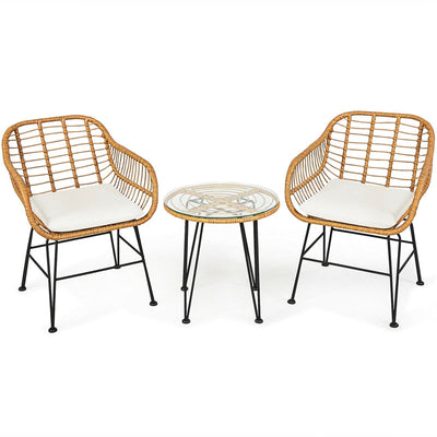 3 Piece Patio Rattan Bistro Set Wicker Conversation Set with Glass Coffee Table and Cushioned Armchairs