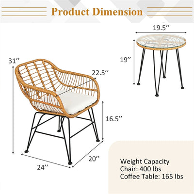 3 Piece Patio Rattan Bistro Set Wicker Conversation Set with Glass Coffee Table and Cushioned Armchairs