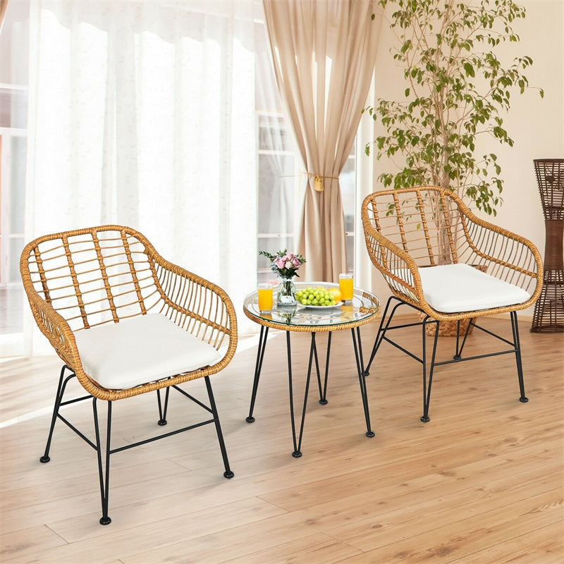 3 Piece Patio Rattan Bistro Set Wicker Conversation Set with Glass Coffee Table and Cushioned Armchairs