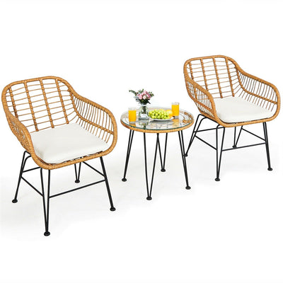 3 Piece Patio Rattan Bistro Set Wicker Conversation Set with Glass Coffee Table and Cushioned Armchairs