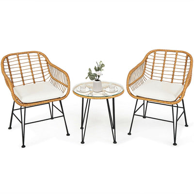 3 Piece Patio Rattan Bistro Set Wicker Conversation Set with Glass Coffee Table and Cushioned Armchairs