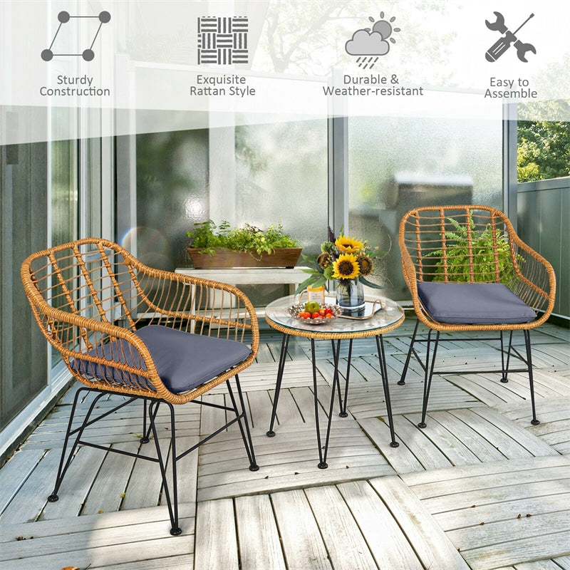 3 Piece Patio Rattan Bistro Set Wicker Conversation Set with Glass Coffee Table and Cushioned Armchairs