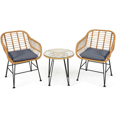 3 Piece Patio Rattan Bistro Set Wicker Conversation Set with Glass Coffee Table and Cushioned Armchairs