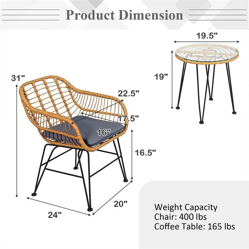 3 Piece Patio Rattan Bistro Set Wicker Conversation Set with Glass Coffee Table and Cushioned Armchairs