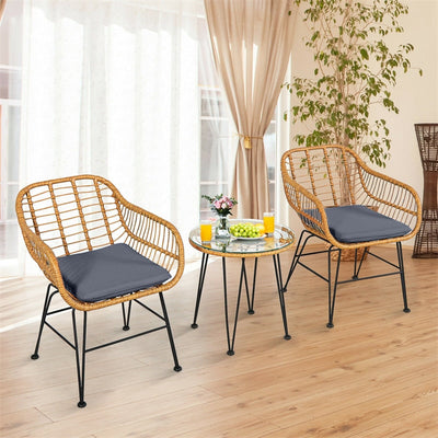 3 Piece Patio Rattan Bistro Set Wicker Conversation Set with Glass Coffee Table and Cushioned Armchairs