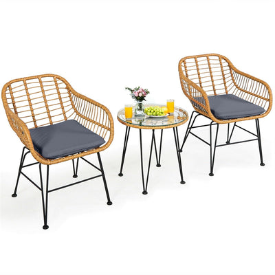 3 Piece Patio Rattan Bistro Set Wicker Conversation Set with Glass Coffee Table and Cushioned Armchairs