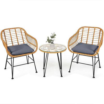 3 Piece Patio Rattan Bistro Set Wicker Conversation Set with Glass Coffee Table and Cushioned Armchairs