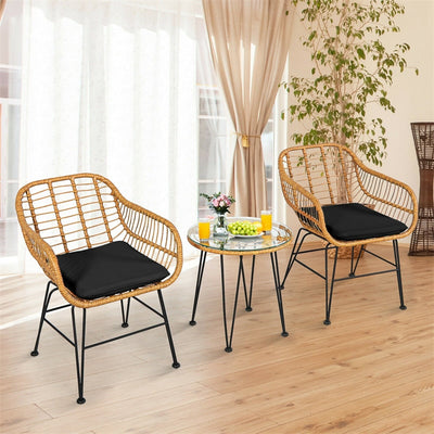 3 Piece Patio Rattan Bistro Set Wicker Conversation Set with Glass Coffee Table and Cushioned Armchairs