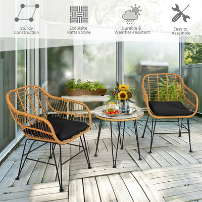 3 Piece Patio Rattan Bistro Set Wicker Conversation Set with Glass Coffee Table and Cushioned Armchairs