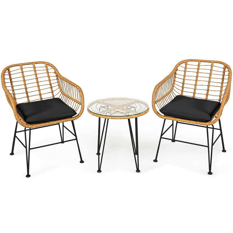 3 Piece Patio Rattan Bistro Set Wicker Conversation Set with Glass Coffee Table and Cushioned Armchairs