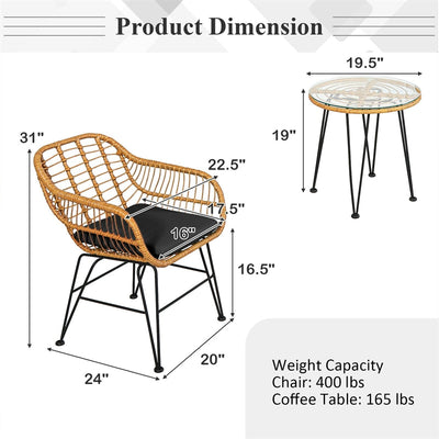 3 Piece Patio Rattan Bistro Set Wicker Conversation Set with Glass Coffee Table and Cushioned Armchairs