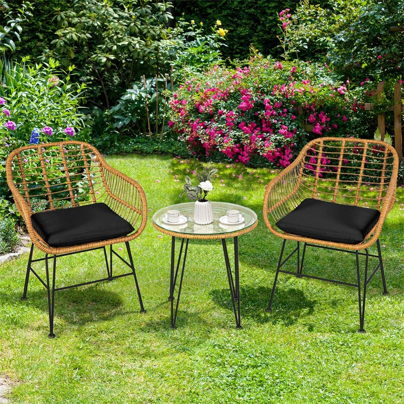 3 Piece Patio Rattan Bistro Set Wicker Conversation Set with Glass Coffee Table and Cushioned Armchairs