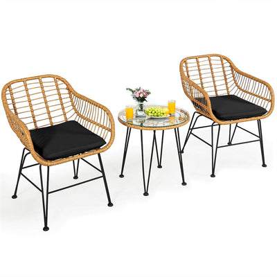 3 Piece Patio Rattan Bistro Set Wicker Conversation Set with Glass Coffee Table and Cushioned Armchairs