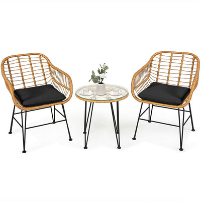 3 Piece Patio Rattan Bistro Set Wicker Conversation Set with Glass Coffee Table and Cushioned Armchairs