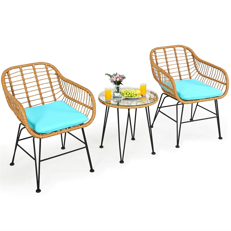 3 Piece Patio Rattan Bistro Set Wicker Conversation Set with Glass Coffee Table and Cushioned Armchairs