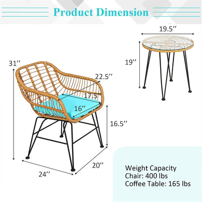 3 Piece Patio Rattan Bistro Set Wicker Conversation Set with Glass Coffee Table and Cushioned Armchairs