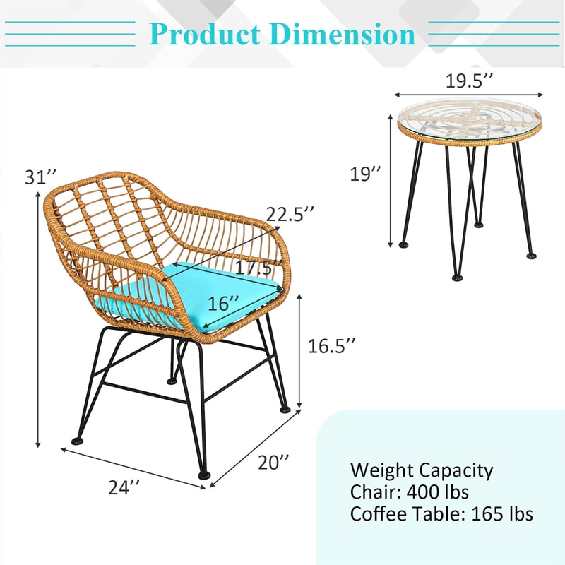 3 Piece Patio Rattan Bistro Set Wicker Conversation Set with Glass Coffee Table and Cushioned Armchairs