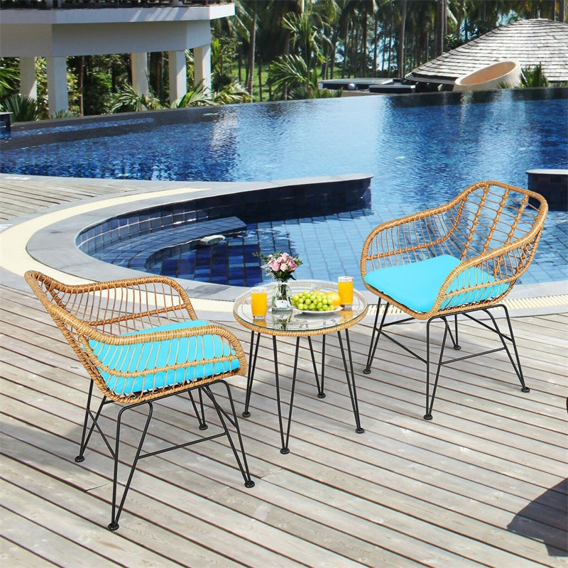 3 Piece Patio Rattan Bistro Set Wicker Conversation Set with Glass Coffee Table and Cushioned Armchairs