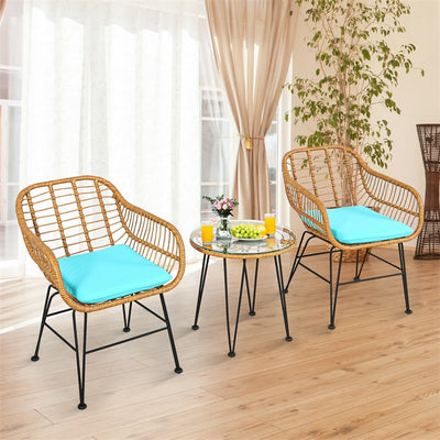 3 Piece Patio Rattan Bistro Set Wicker Conversation Set with Glass Coffee Table and Cushioned Armchairs