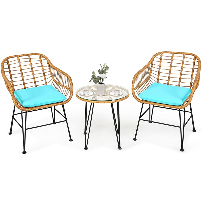 3 Piece Patio Rattan Bistro Set Wicker Conversation Set with Glass Coffee Table and Cushioned Armchairs