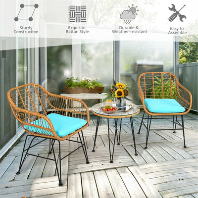 3 Piece Patio Rattan Bistro Set Wicker Conversation Set with Glass Coffee Table and Cushioned Armchairs