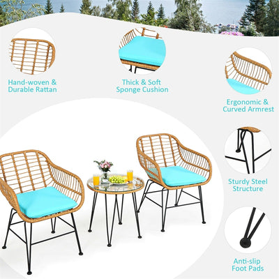 3 Piece Patio Rattan Bistro Set Wicker Conversation Set with Glass Coffee Table and Cushioned Armchairs