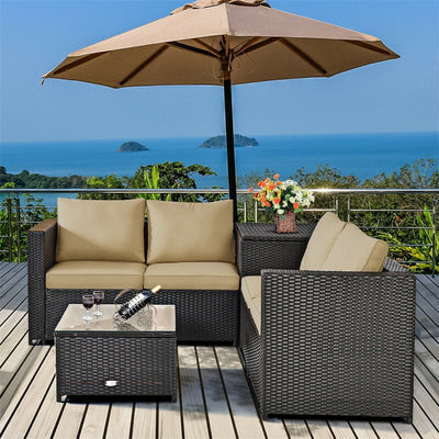 4-Piece Outdoor Rattan Wicker Patio Furniture Set with Loveseat & Storage Table