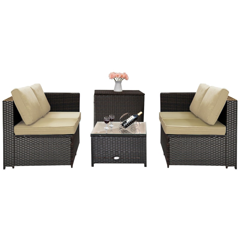 4-Piece Outdoor Rattan Wicker Patio Furniture Set with Loveseat & Storage Table