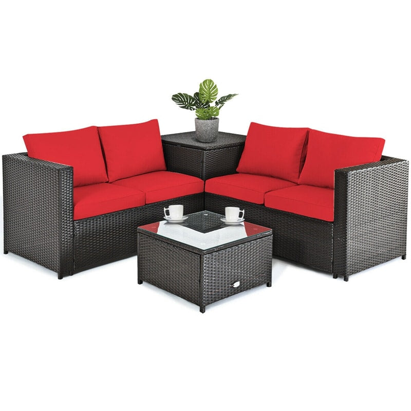 4-Piece Outdoor Rattan Wicker Patio Furniture Set with Loveseat & Storage Table