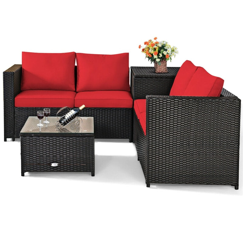 4-Piece Outdoor Rattan Wicker Patio Furniture Set with Loveseat & Storage Table