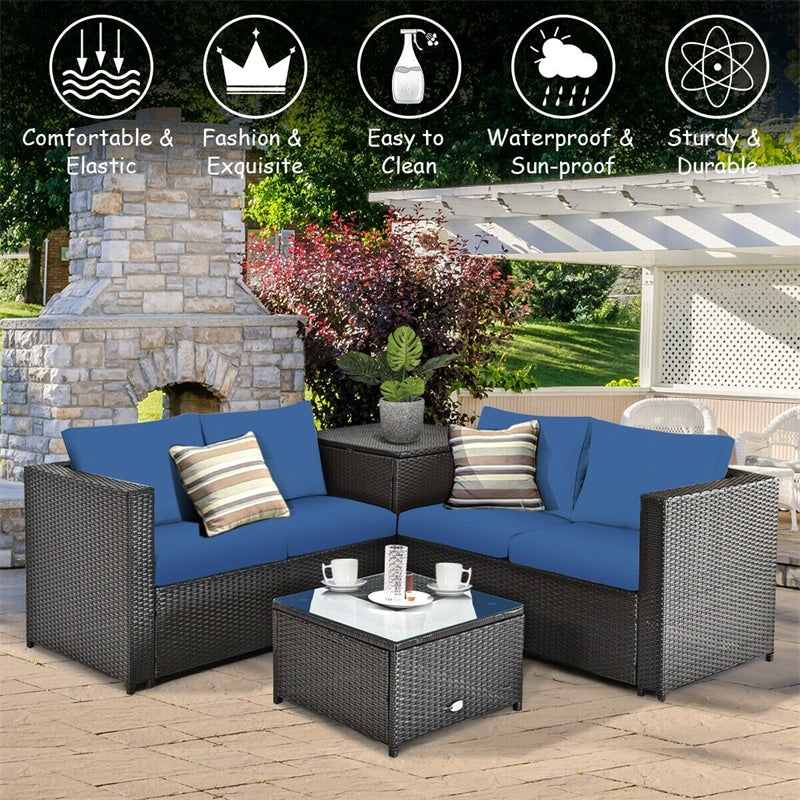 4-Piece Outdoor Rattan Wicker Patio Furniture Set with Loveseat & Storage Table