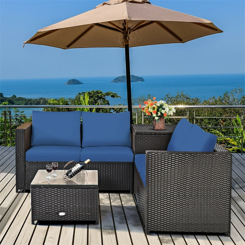 4-Piece Outdoor Rattan Wicker Patio Furniture Set with Loveseat & Storage Table