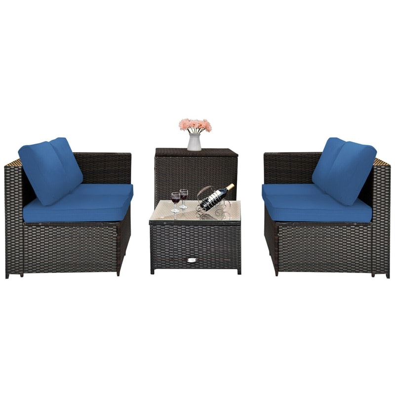 4-Piece Outdoor Rattan Wicker Patio Furniture Set with Loveseat & Storage Table