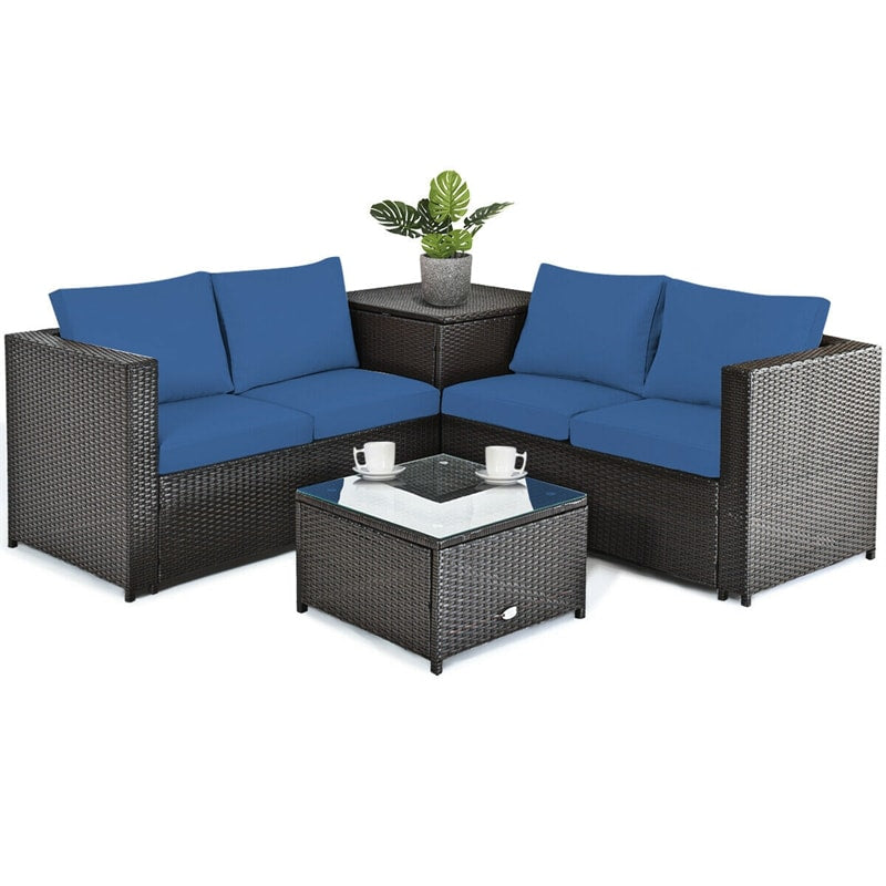 4-Piece Outdoor Rattan Wicker Patio Furniture Set with Loveseat & Storage Table