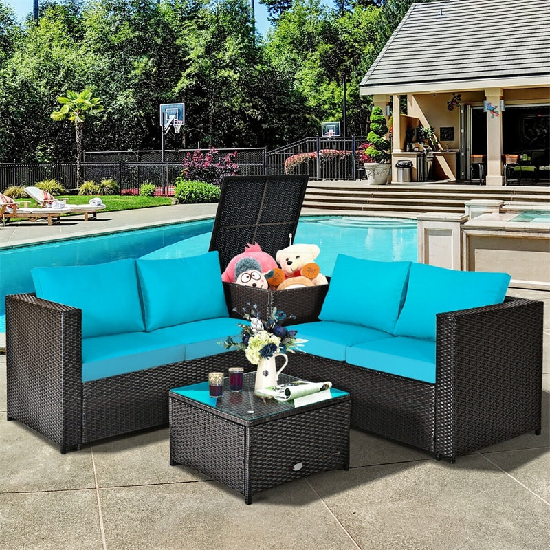 4-Piece Outdoor Rattan Wicker Patio Furniture Set with Loveseat & Storage Table