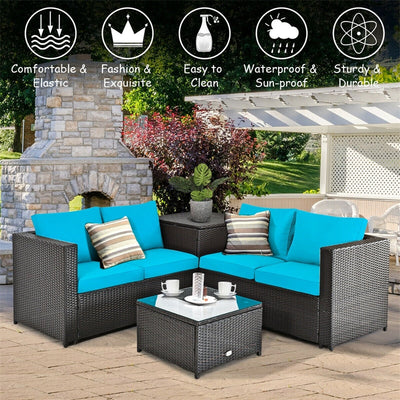 4-Piece Outdoor Rattan Wicker Patio Furniture Set with Loveseat & Storage Table