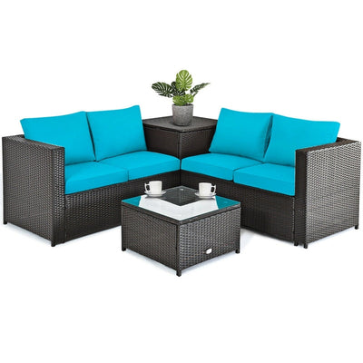 4-Piece Outdoor Rattan Wicker Patio Furniture Set with Loveseat & Storage Table