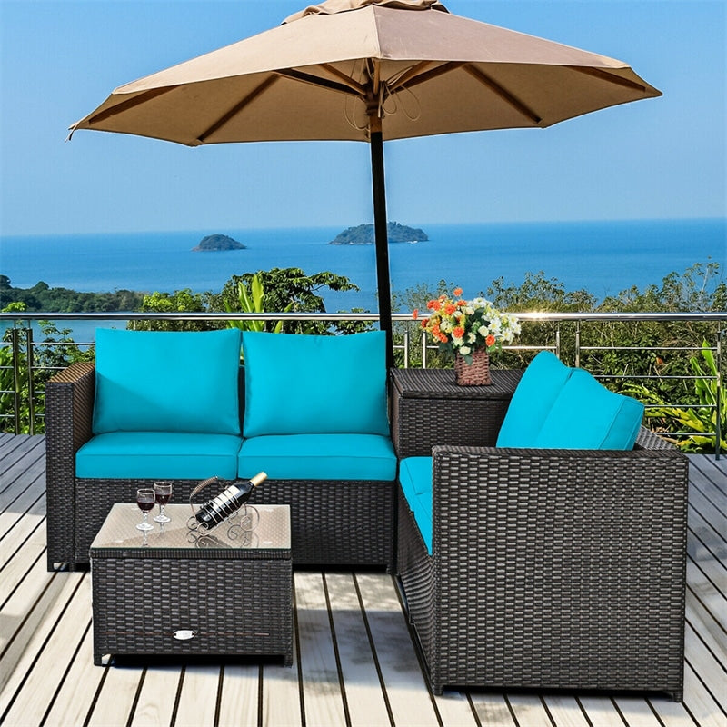 4-Piece Outdoor Rattan Wicker Patio Furniture Set with Loveseat & Storage Table