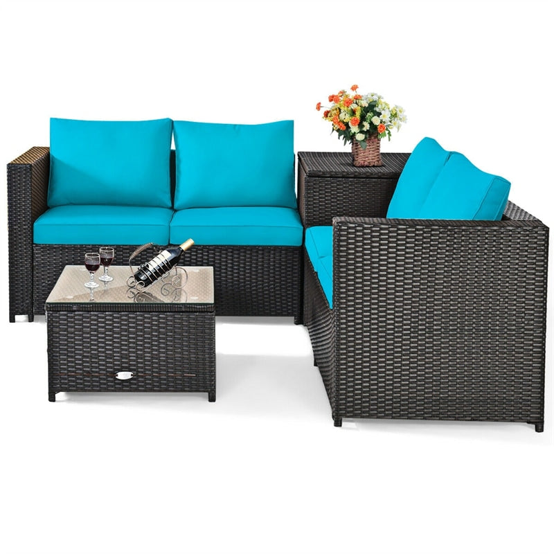 4-Piece Outdoor Rattan Wicker Patio Furniture Set with Loveseat & Storage Table