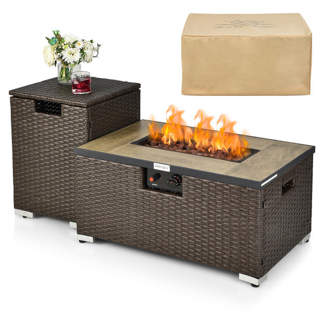 40000 BTU Outdoor 32 x 20 Inch Propane Rattan Fire Pit Table Set with Cover and Side Table Tank