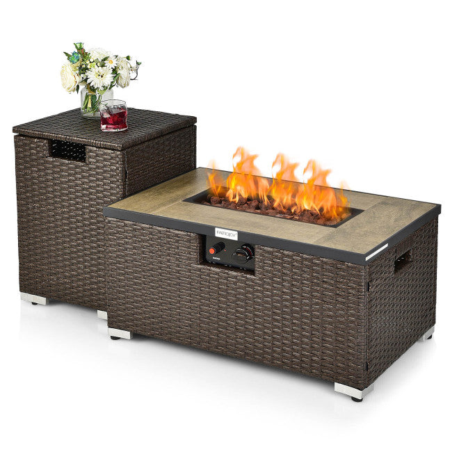 40000 BTU Outdoor 32 x 20 Inch Propane Rattan Fire Pit Table Set with Cover and Side Table Tank