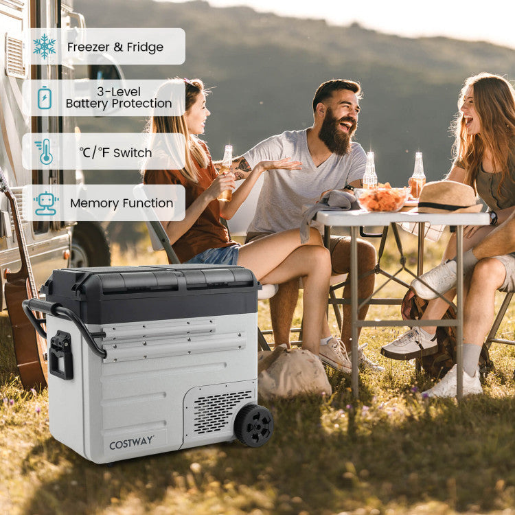 Portable Dual Zone Car Refrigerator RV Fridge Freezer Cooler with Retractable Pull Handle and Wheels