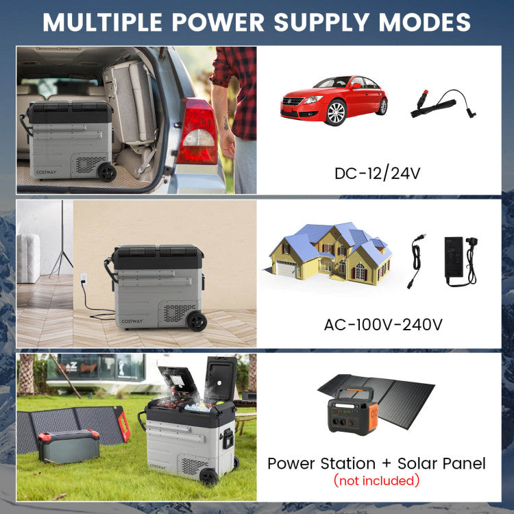 Portable Dual Zone Car Refrigerator RV Fridge Freezer Cooler with Retractable Pull Handle and Wheels