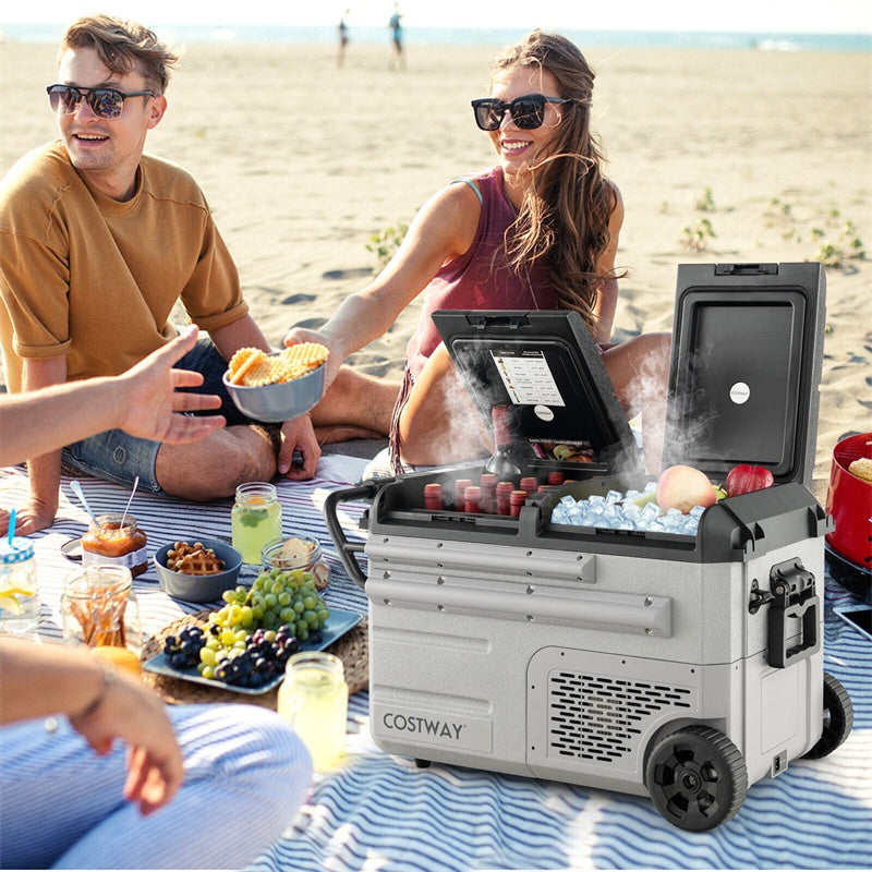 40 Quart Portable Car Refrigerator with Wheels 12/24V DC & 110-240V AC Dual-zone Electric Car Cooler Fridge for RV Camping Travel Home